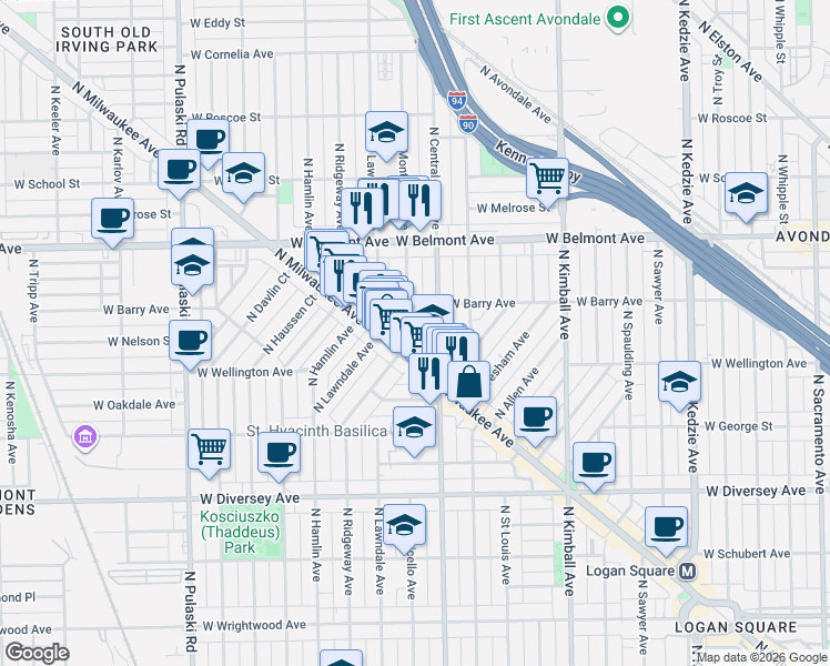 map of restaurants, bars, coffee shops, grocery stores, and more near 3048 North Monticello Avenue in Chicago