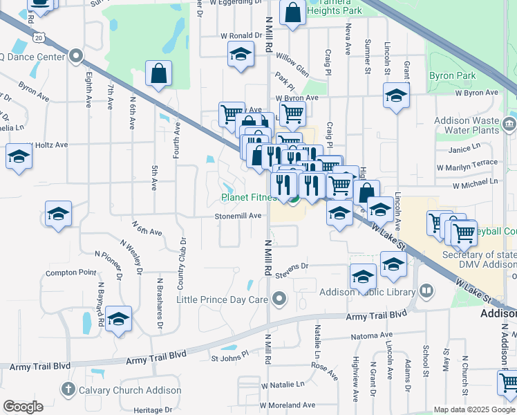 map of restaurants, bars, coffee shops, grocery stores, and more near 500 North Mill Road in Addison
