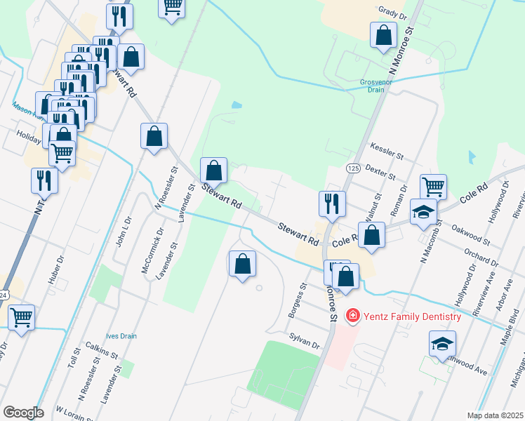 map of restaurants, bars, coffee shops, grocery stores, and more near 516 Stewart Road in Monroe