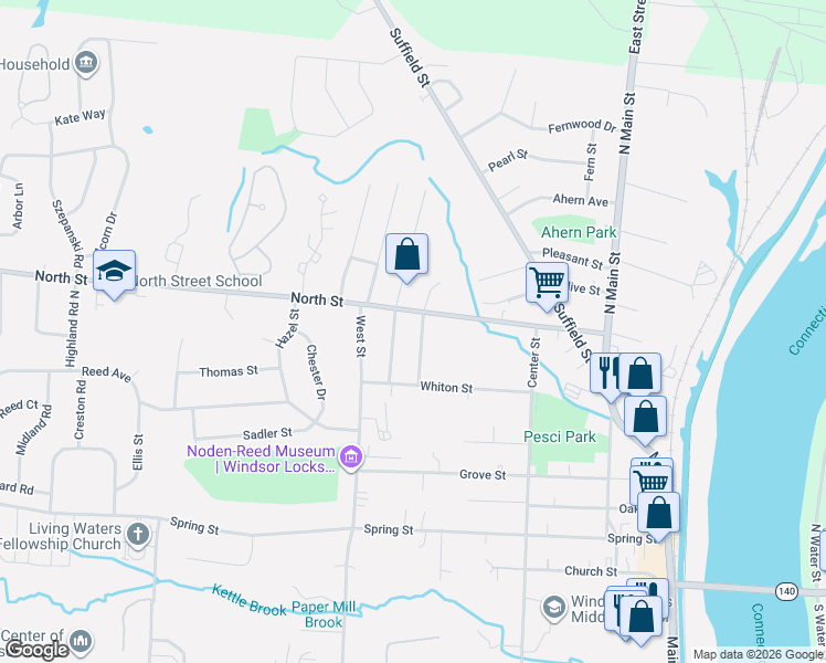map of restaurants, bars, coffee shops, grocery stores, and more near 12 Wicklow Street in Windsor Locks