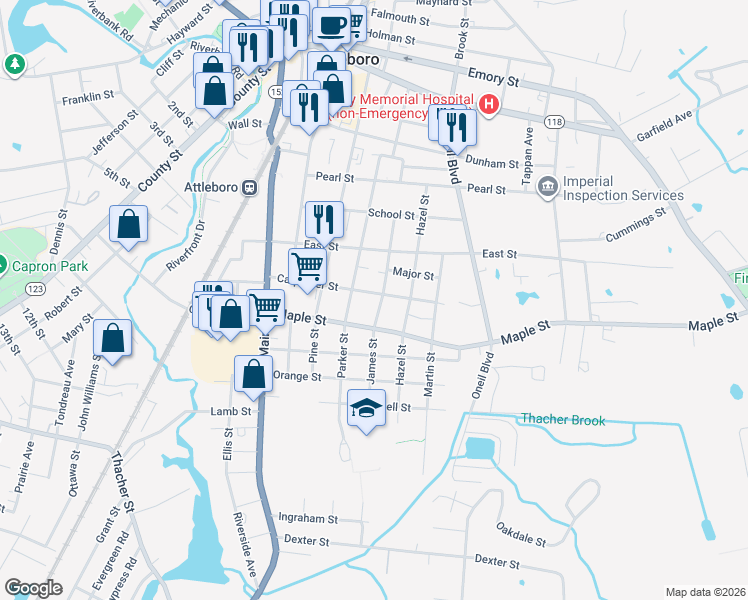 map of restaurants, bars, coffee shops, grocery stores, and more near 50 Carpenter Street in Attleboro