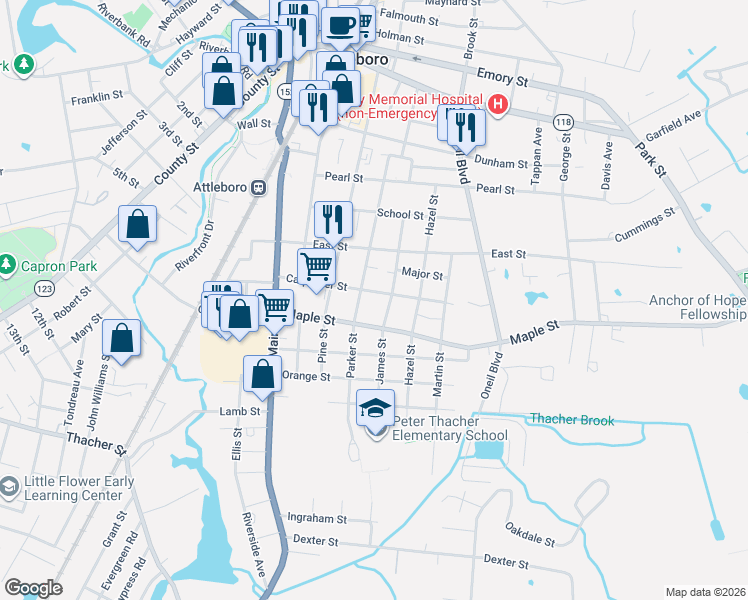 map of restaurants, bars, coffee shops, grocery stores, and more near 50 Carpenter Street in Attleboro