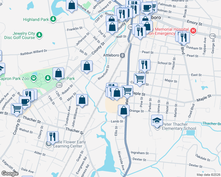 map of restaurants, bars, coffee shops, grocery stores, and more near 7 Eden Court in Attleboro