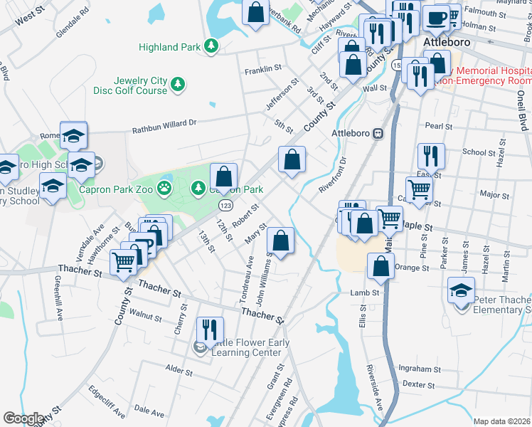 map of restaurants, bars, coffee shops, grocery stores, and more near 20 Summer Street in Attleboro
