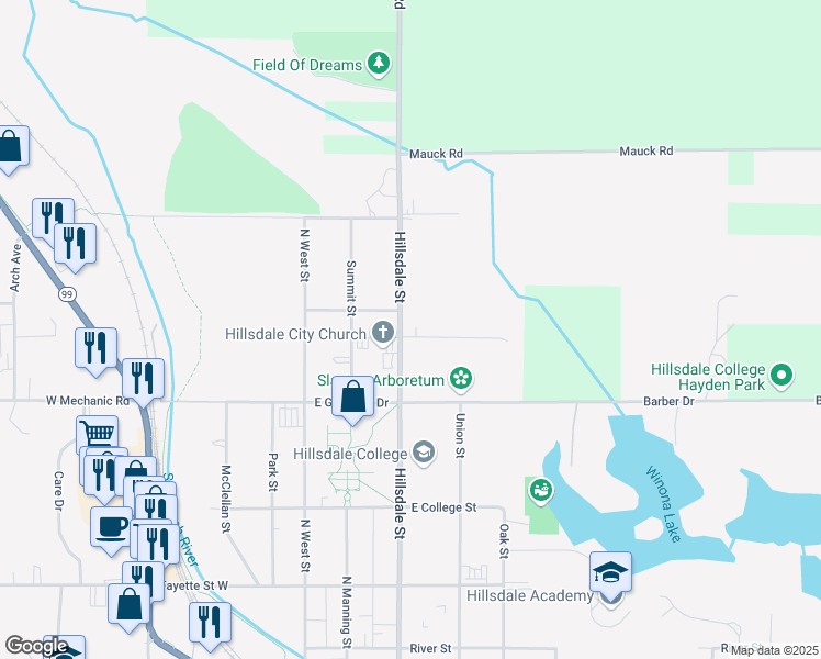 map of restaurants, bars, coffee shops, grocery stores, and more near 339 Hillsdale Street in Hillsdale