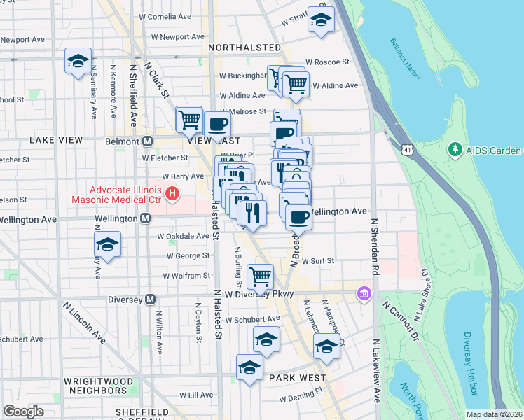 map of restaurants, bars, coffee shops, grocery stores, and more near 3020 North Waterloo Court in Chicago