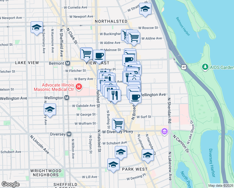 map of restaurants, bars, coffee shops, grocery stores, and more near 3020 North Waterloo Court in Chicago