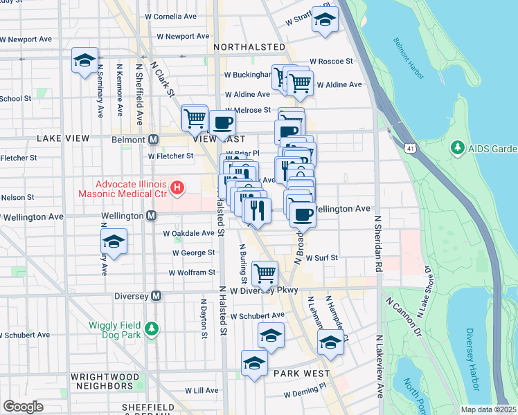 map of restaurants, bars, coffee shops, grocery stores, and more near 3020 North Waterloo Court in Chicago