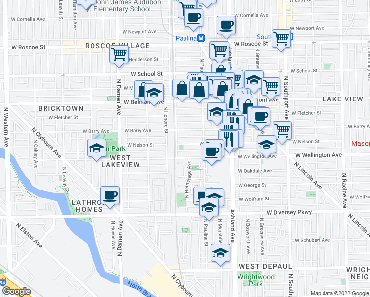 map of restaurants, bars, coffee shops, grocery stores, and more near 1726 West Nelson Street in Chicago