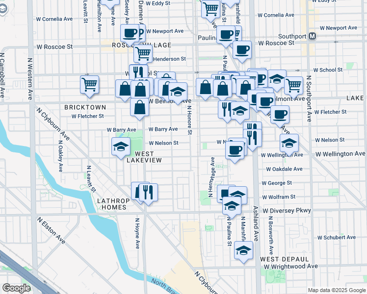 map of restaurants, bars, coffee shops, grocery stores, and more near 1834 West Nelson Street in Chicago