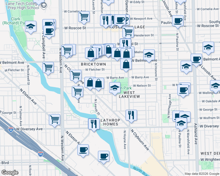 map of restaurants, bars, coffee shops, grocery stores, and more near 3018 North Hoyne Avenue in Chicago