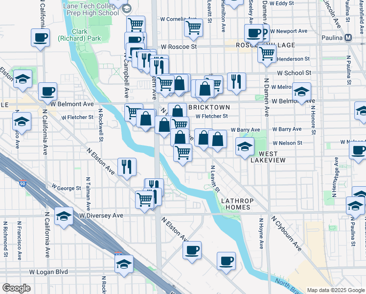 map of restaurants, bars, coffee shops, grocery stores, and more near 3064 North Clybourn Avenue in Chicago