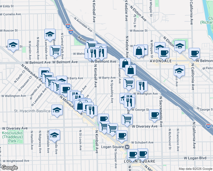 map of restaurants, bars, coffee shops, grocery stores, and more near 3041 North Christiana Avenue in Chicago