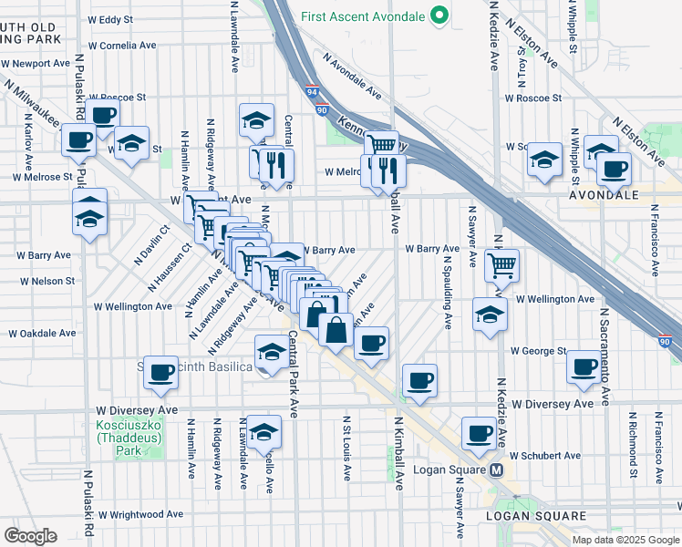 map of restaurants, bars, coffee shops, grocery stores, and more near 3074 North Elbridge Avenue in Chicago