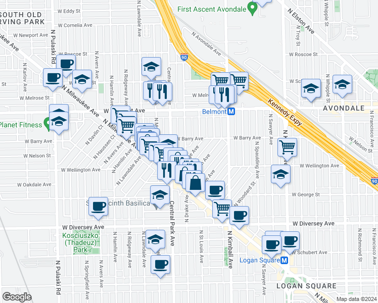 map of restaurants, bars, coffee shops, grocery stores, and more near 3074 North Elbridge Avenue in Chicago