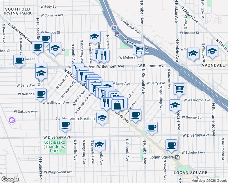 map of restaurants, bars, coffee shops, grocery stores, and more near 3059 North Central Park Avenue in Chicago