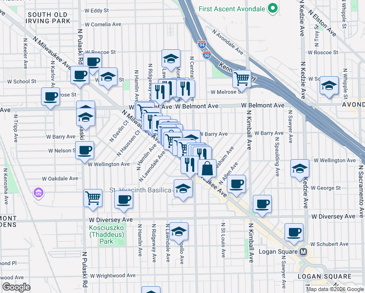 map of restaurants, bars, coffee shops, grocery stores, and more near 3048 North Monticello Avenue in Chicago