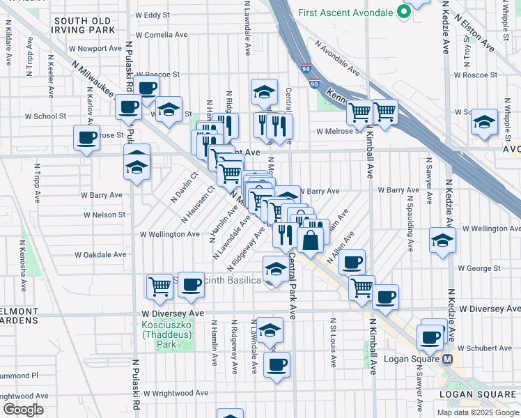 map of restaurants, bars, coffee shops, grocery stores, and more near 3048 North Monticello Avenue in Chicago