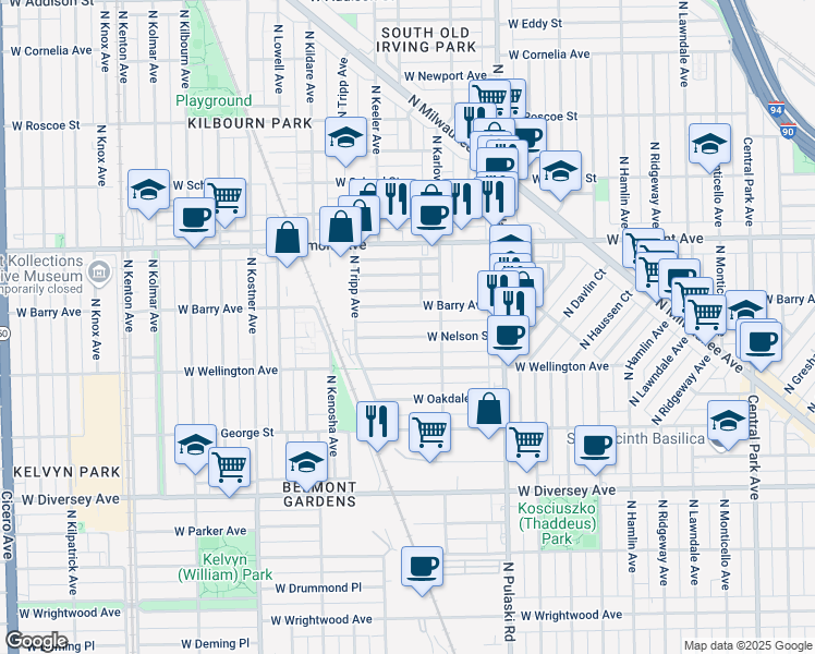 map of restaurants, bars, coffee shops, grocery stores, and more near 4123 West Barry Avenue in Chicago