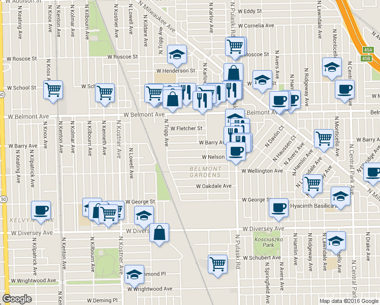 map of restaurants, bars, coffee shops, grocery stores, and more near 4123 West Barry Avenue in Chicago