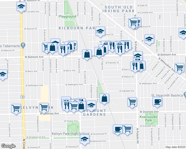 map of restaurants, bars, coffee shops, grocery stores, and more near 4250 West Nelson Street in Chicago