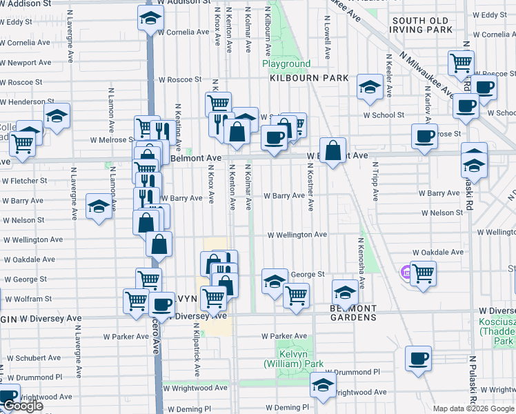 map of restaurants, bars, coffee shops, grocery stores, and more near 3058 North Kolmar Avenue in Chicago