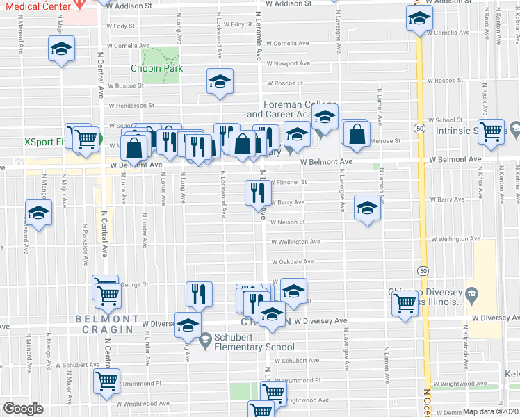 map of restaurants, bars, coffee shops, grocery stores, and more near 5220 West Barry Avenue in Chicago
