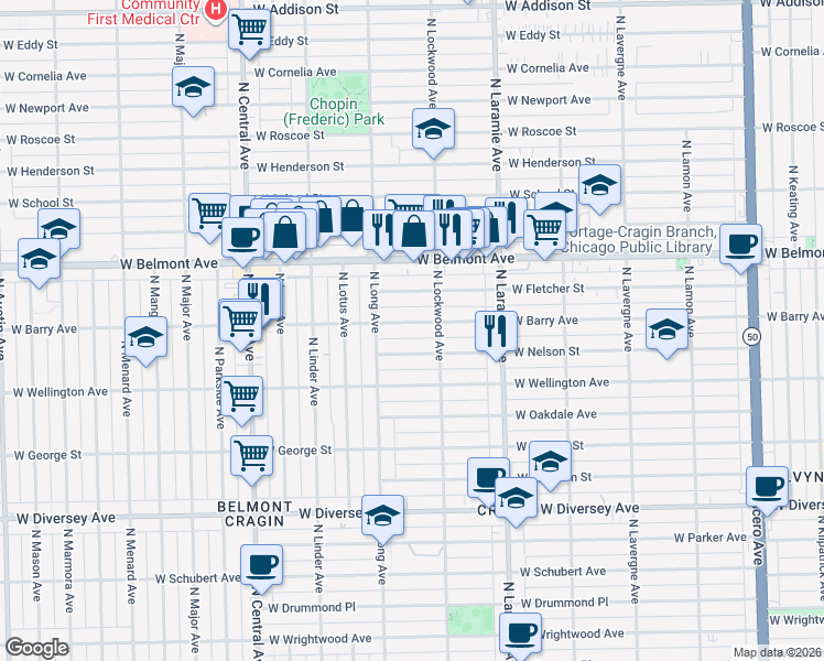 map of restaurants, bars, coffee shops, grocery stores, and more near 5334 West Barry Avenue in Chicago