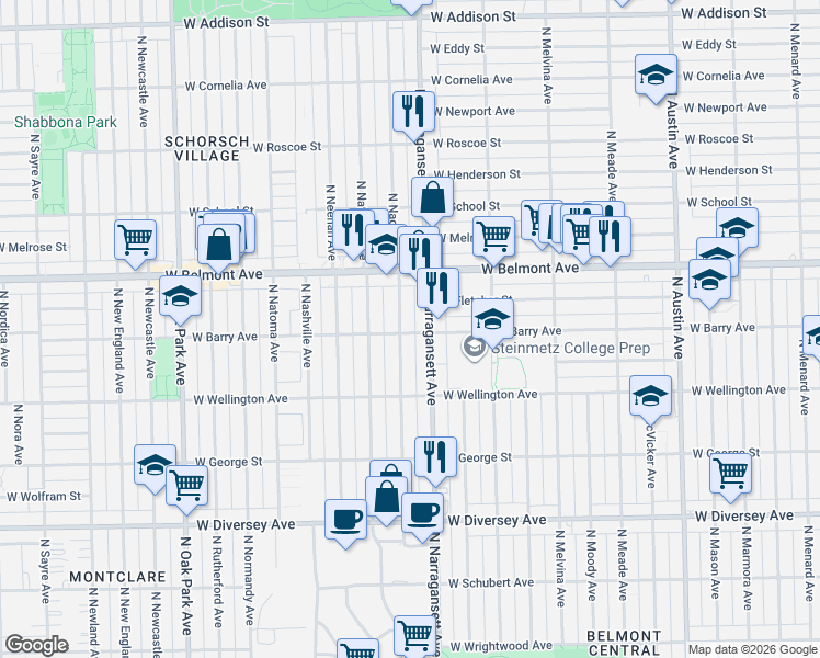 map of restaurants, bars, coffee shops, grocery stores, and more near 3116 North Narragansett Avenue in Chicago