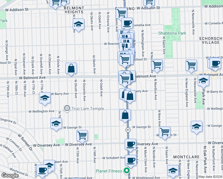 map of restaurants, bars, coffee shops, grocery stores, and more near 3120 North Oconto Avenue in Chicago