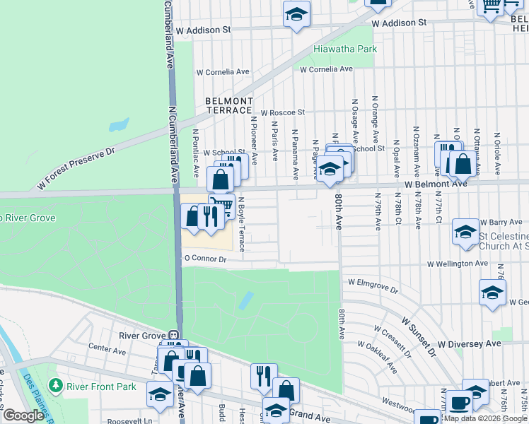 map of restaurants, bars, coffee shops, grocery stores, and more near 8208 West Smith Lane in River Grove