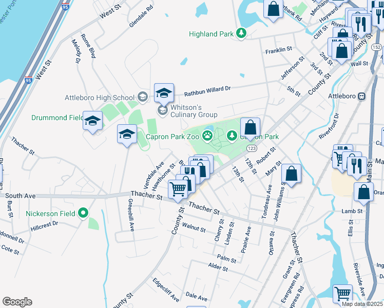 map of restaurants, bars, coffee shops, grocery stores, and more near 1 Atlantic Avenue in Attleboro