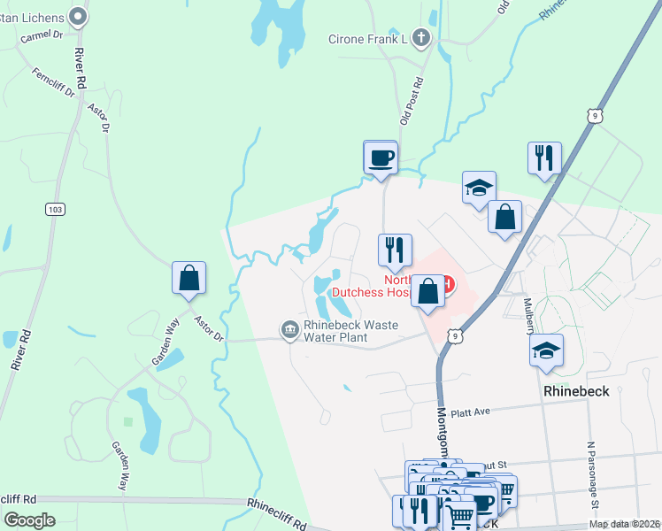 map of restaurants, bars, coffee shops, grocery stores, and more near 31 Pond Drive East in Rhinebeck