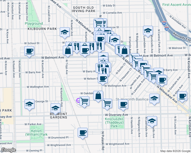 map of restaurants, bars, coffee shops, grocery stores, and more near 3100 North Pulaski Road in Chicago