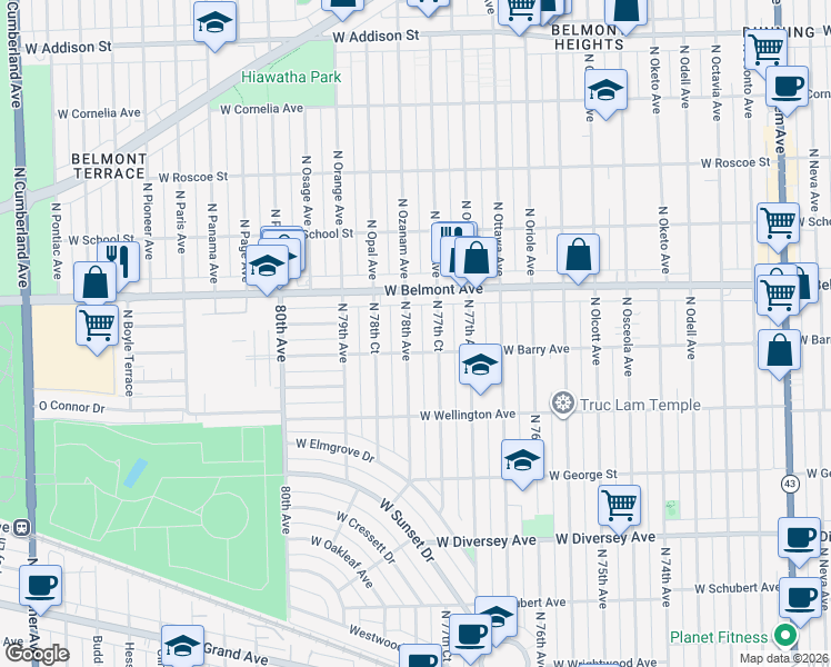 map of restaurants, bars, coffee shops, grocery stores, and more near 3120 North 77th Court in Elmwood Park