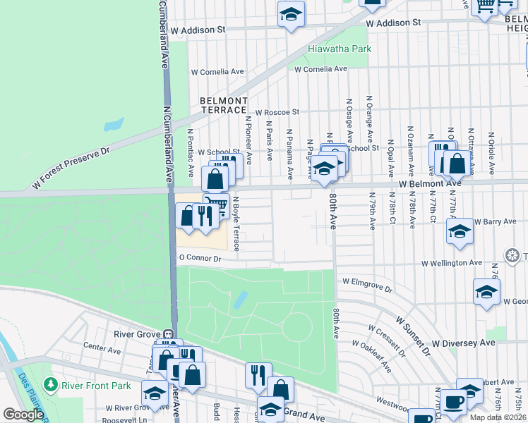 map of restaurants, bars, coffee shops, grocery stores, and more near 8208 West Smith Lane in River Grove
