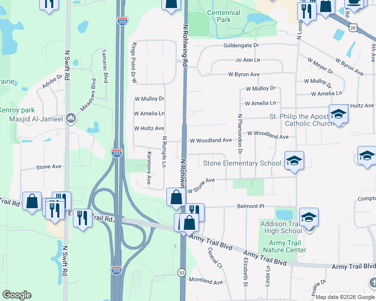 map of restaurants, bars, coffee shops, grocery stores, and more near in Addison