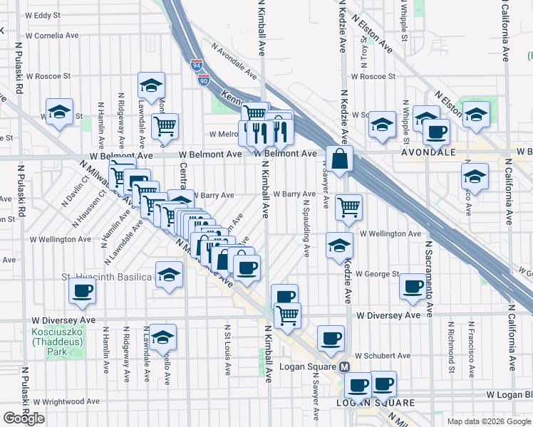 map of restaurants, bars, coffee shops, grocery stores, and more near N Kimball Ave & N Allen Ave in Chicago