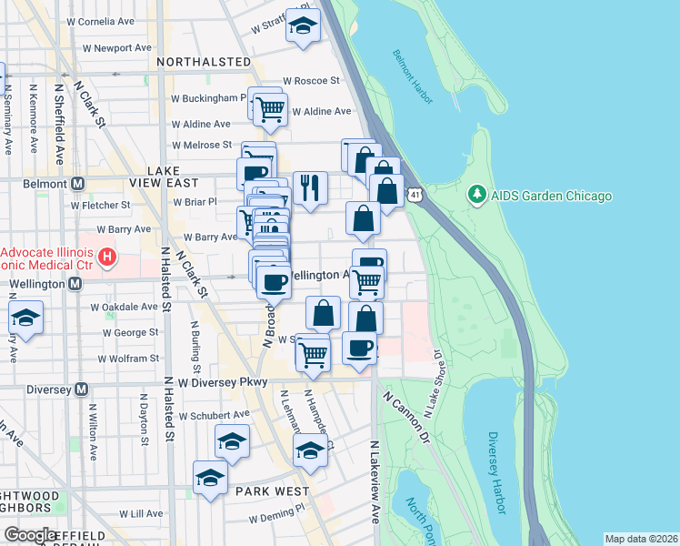map of restaurants, bars, coffee shops, grocery stores, and more near 434 West Wellington Avenue in Chicago