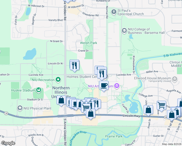 map of restaurants, bars, coffee shops, grocery stores, and more near 801 Lucinda Avenue in DeKalb