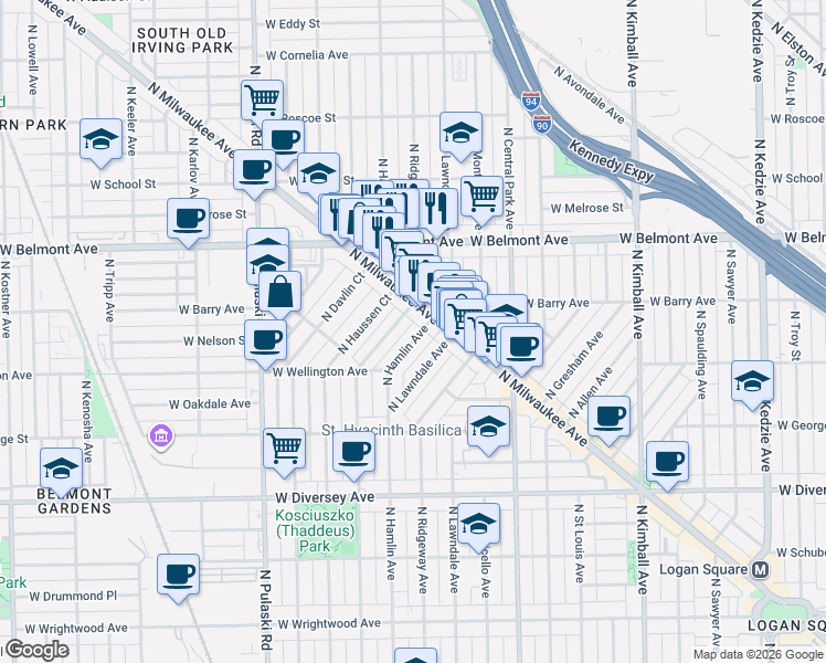 map of restaurants, bars, coffee shops, grocery stores, and more near 3073 North Avers Avenue in Chicago