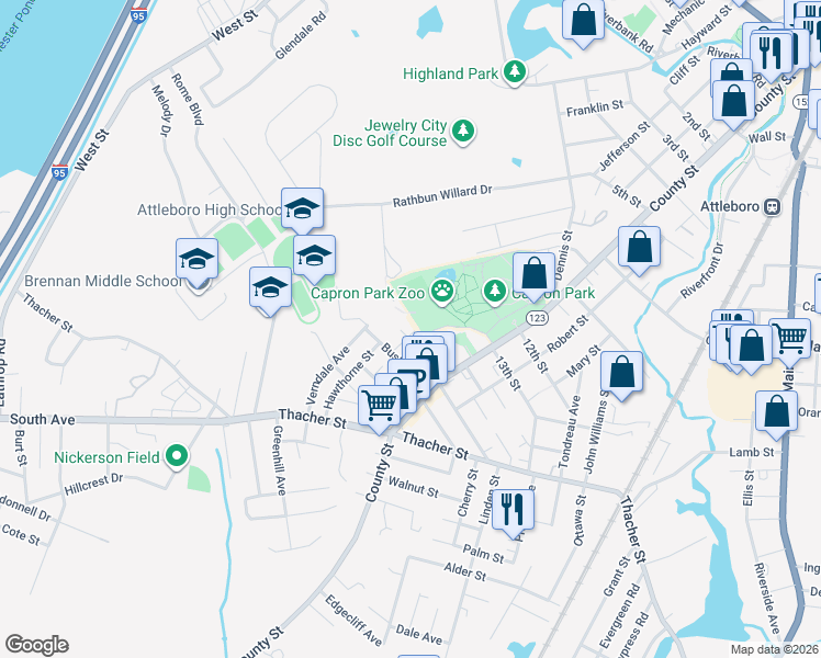 map of restaurants, bars, coffee shops, grocery stores, and more near 9 Atlantic Avenue in Attleboro