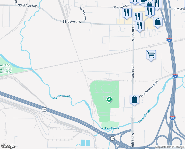 map of restaurants, bars, coffee shops, grocery stores, and more near 1111 Ingleside Drive Southwest in Cedar Rapids
