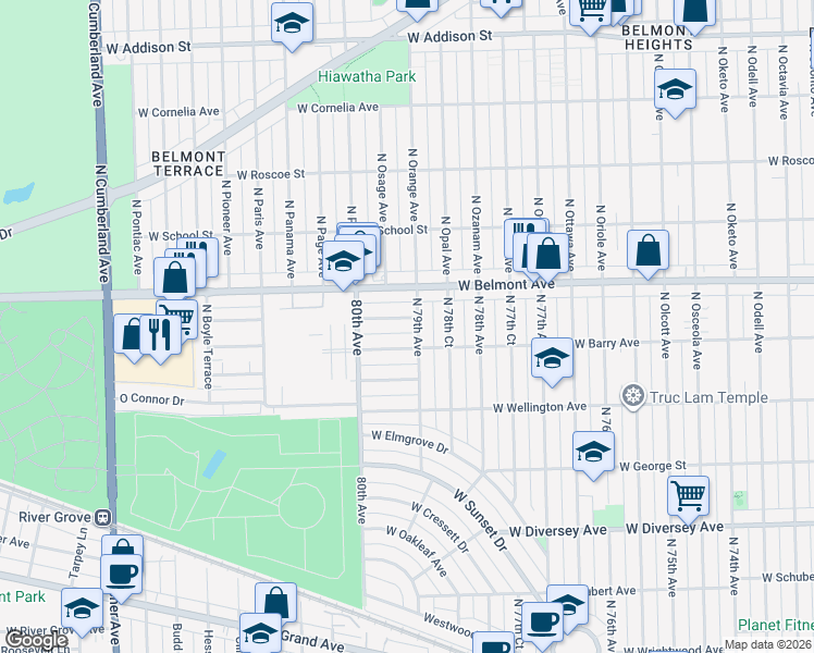 map of restaurants, bars, coffee shops, grocery stores, and more near 3125 North 79th Avenue in Chicago