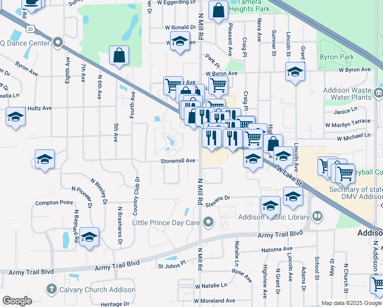 map of restaurants, bars, coffee shops, grocery stores, and more near 580 North Mill Road in Addison