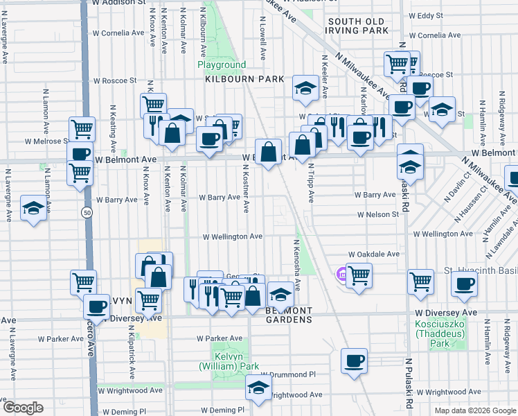 map of restaurants, bars, coffee shops, grocery stores, and more near 3055 North Kostner Avenue in Chicago