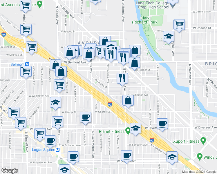 map of restaurants, bars, coffee shops, grocery stores, and more near N Francisco Ave & W Nelson St in Chicago