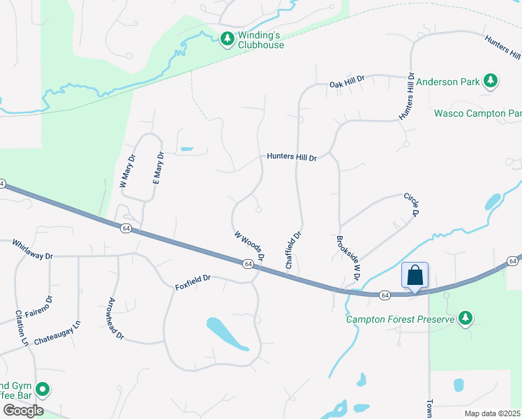 map of restaurants, bars, coffee shops, grocery stores, and more near 4N796 West Woods Court in St. Charles