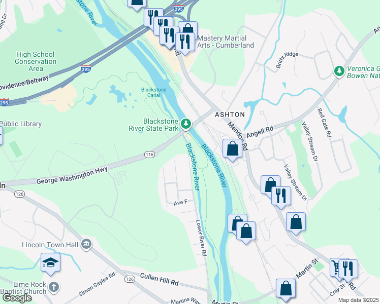 map of restaurants, bars, coffee shops, grocery stores, and more near 1033 Lower River Road in Lincoln