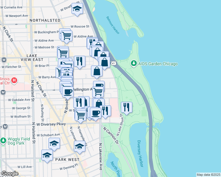 map of restaurants, bars, coffee shops, grocery stores, and more near 300 West Wellington Avenue in Chicago